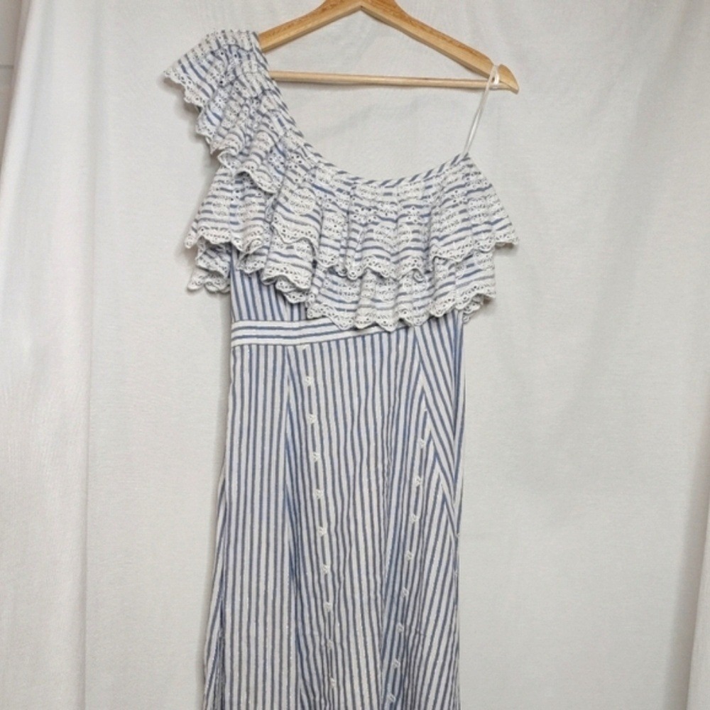Kos Resort One Shoulder Midi Dress Ruffle Embroidered Eyelet White Blue Silver S - Picture 5 of 12